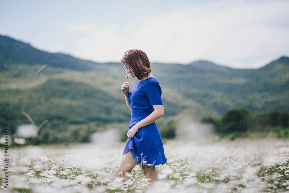 Young beautiful woman in a blue dress enjoying chamomile field among mountains. Summer mood Young beautiful woman in a blue dress enjoying chamomile field among mountains. Summer mood