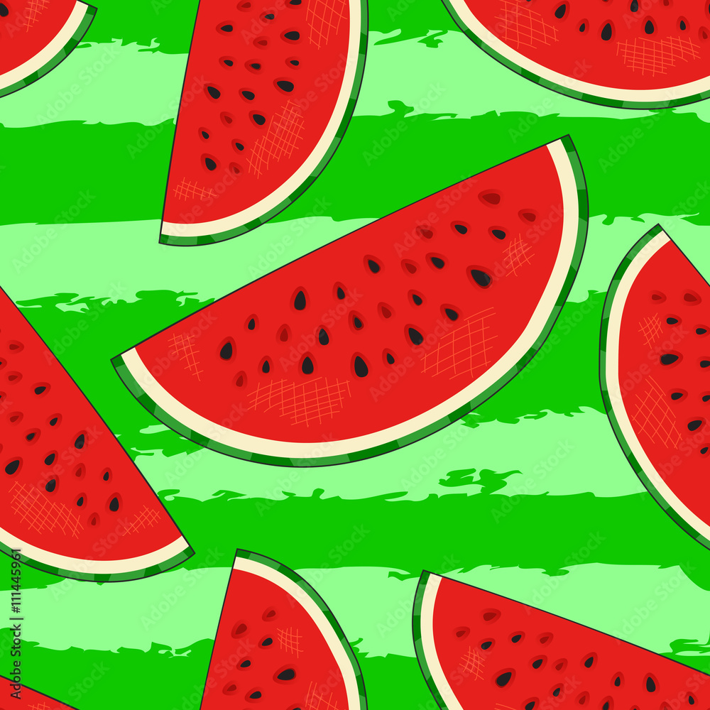 Naklejka Hand drawn watermelon slices seamless pattern on striped background. Modern stylish linear art of summer ornament. Repeating background for textiles or wallpapers. Isolated vector illustration.