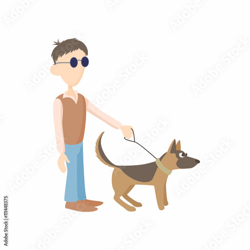 Blind man with dog guide icon, cartoon style