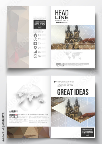 Set of business templates for brochure, magazine, flyer, booklet or annual report. Polygonal background, blurred image, urban landscape, Prague cityscape, modern triangular texture