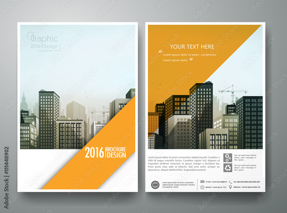 Brochure design template vector.Flyers annual report business magazine poster.Leaflet cover book technology presentation with abstract orange shape and flat city background.Layout in A4 size. Brochure design template vector.Flyers annual report business magazine poster.Leaflet cover book technology presentation with abstract orange shape and flat city background.Layout in A4 size.