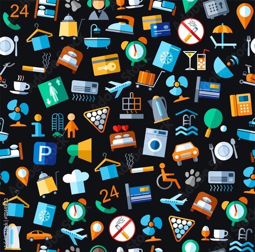 Seamless background, hotel services, colour, black. 