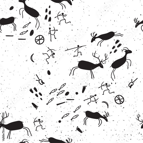 Cave rock painting tribal people silhouettes hunts to animals.Seamless background for your design.