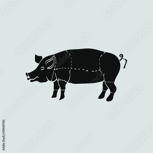 pig icon, vector pig silhouette, isolated butcher shop sign