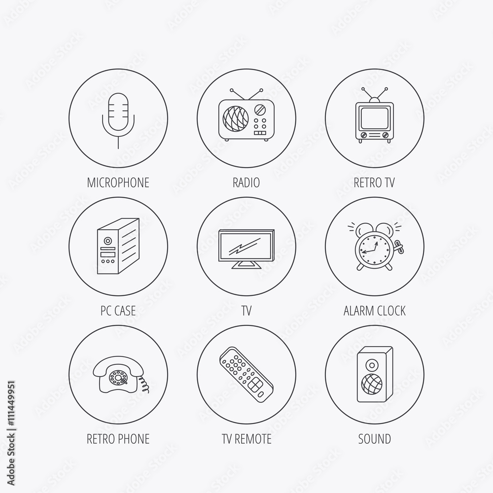TV remote, retro phone and radio icons. TV remote, retro phone and radio icons.