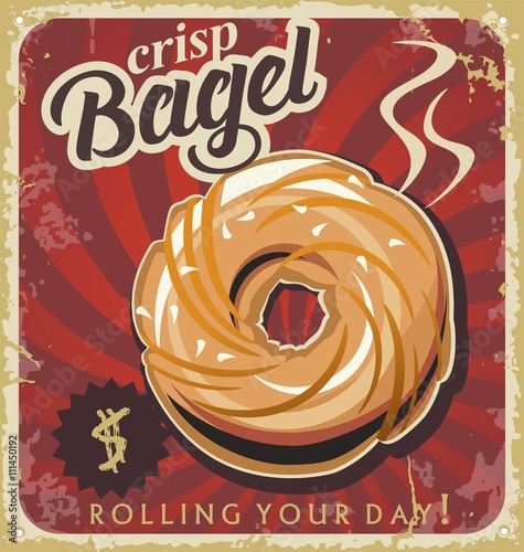 Retro pastry sign, background, template bakery. Retro bakery bagel poster on old paper texture.
