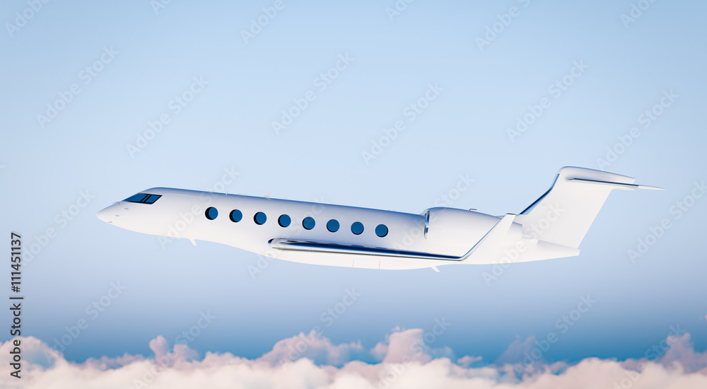 Photo White Matte Luxury Generic Design Private Airplane Flying in Blue Sky.Clear Mockup Isolated on Blurred Background.Business Travel Picture. Left Side view. Horizontal. 3D rendering.