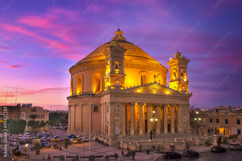 Malta - The Famous Mosta Dome after sunset with beautiful colorful sky