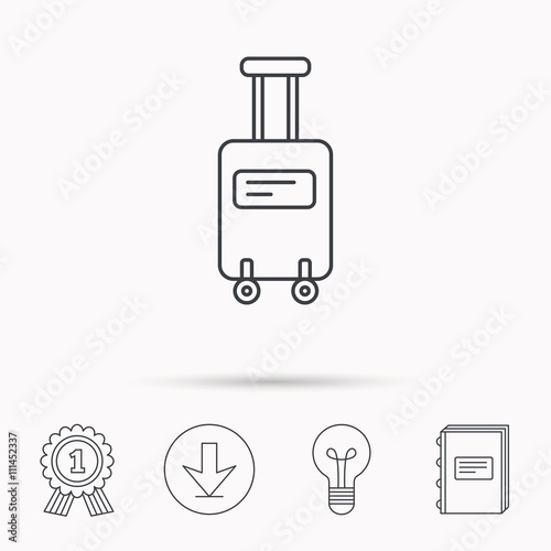 Suitcase with wheels icon. Travel baggage sign.