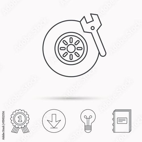 Tire service icon. Wheel and wrench key sign.