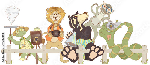 Zoo animals cartoon. Turtle, monkey lion, bear and snake taking photos