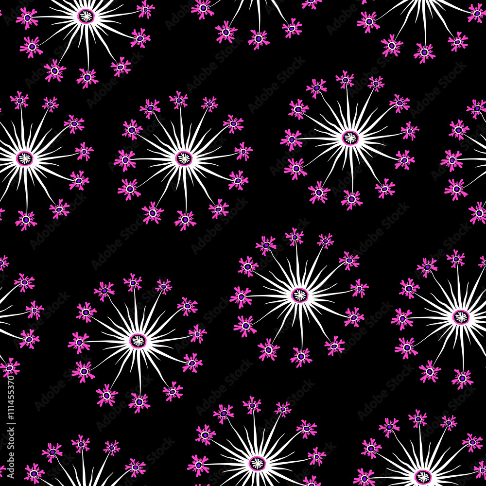 Pink and black dandelion seamless pattern - obrazy, fototapety, plakaty 