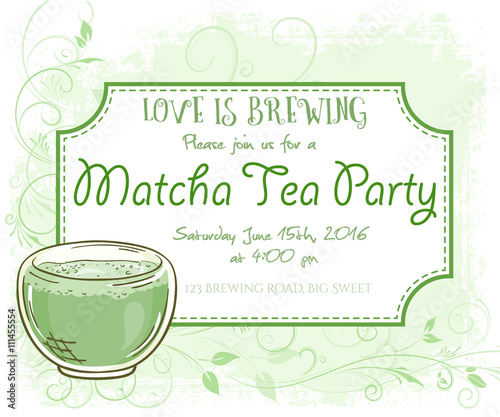 vector hand drawn matcha tea party invitation card, vintage frame, glass and leaves