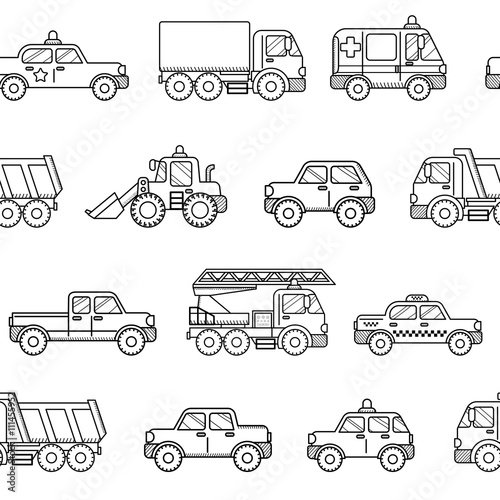 Seamless pattern cars. Black and white background in cartoon sty