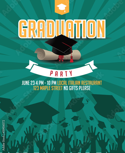 Graduation party mortarboard and diploma invitation background. EPS 10 vector.
