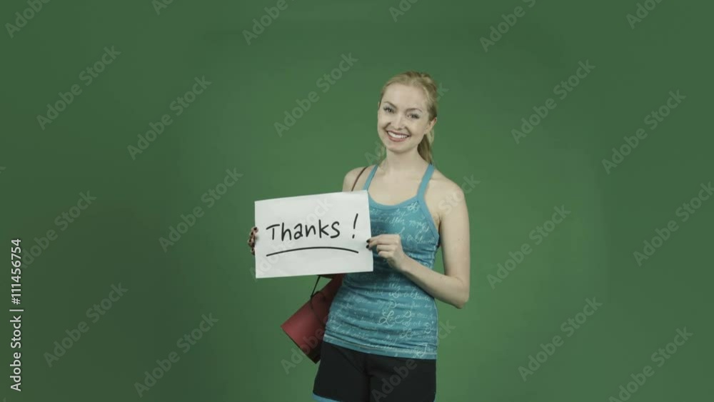 caucasian woman in sport yoga outfit isolated on chroma green screen background grateful thanks sign caucasian woman in sport yoga outfit isolated on chroma green screen background grateful thanks sign