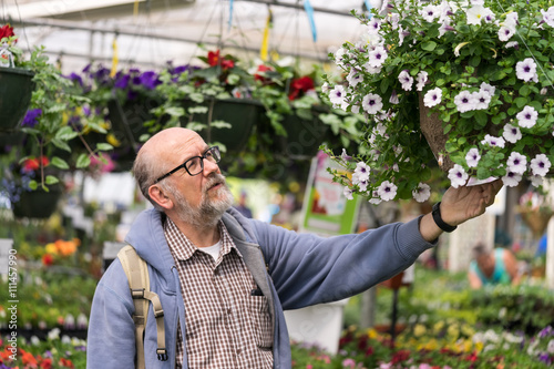 babyboomer man is shopping in greeenhouse