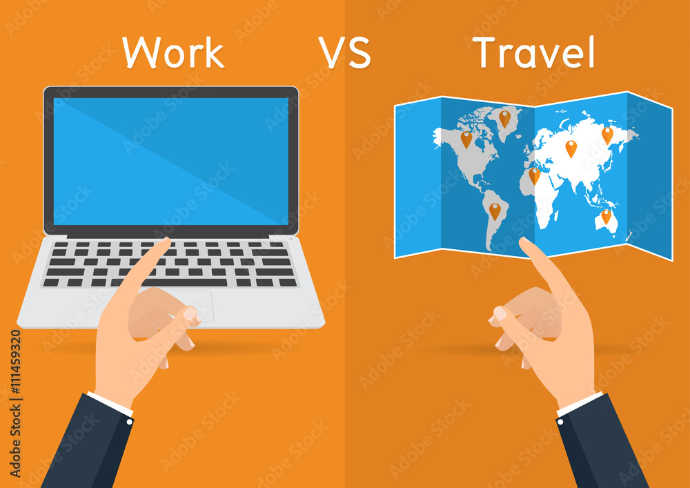 Businessman hands pointing to computer laptop for work and world map for travel on orange background. Vector illustration concept of life and work balance.