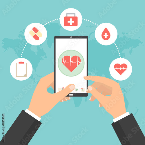 Business man hands point to smart phone tablet screen for health check concept of telemedicine technology. Vector illustration internet of think technology trend. photo