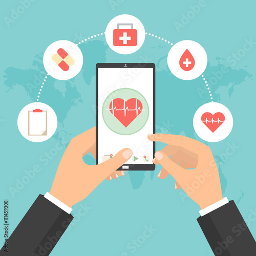 Business man hands point to smart phone tablet screen for health check concept of telemedicine technology. Vector illustration internet of think technology trend.