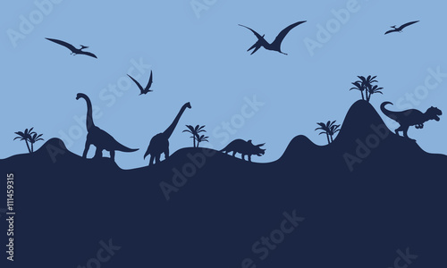 Many dinosaur in hills scenry silhouette