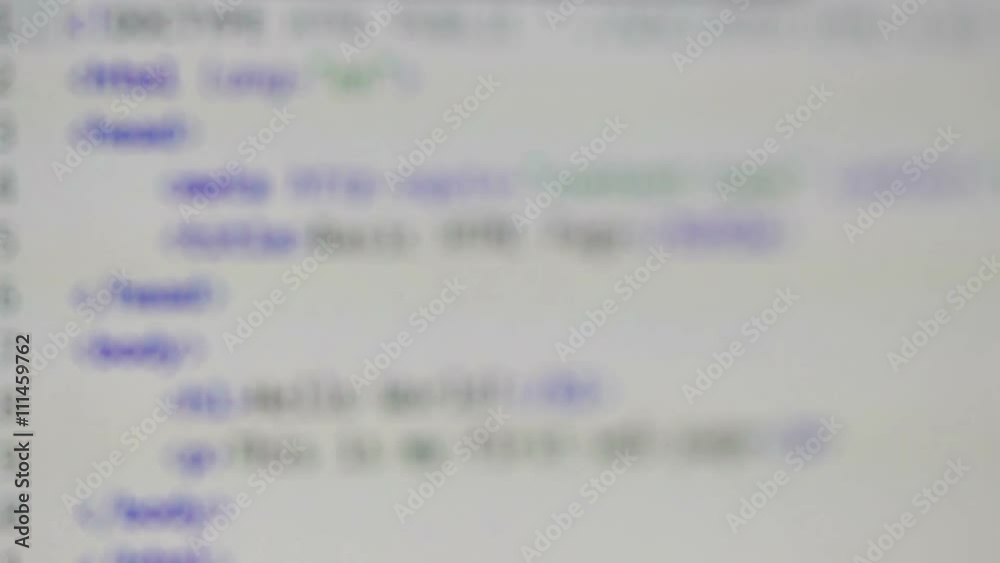 Computer screen shot close up while focusing on alternating pages of HTML, JavaScript, php and css code, blurry transitions on white background