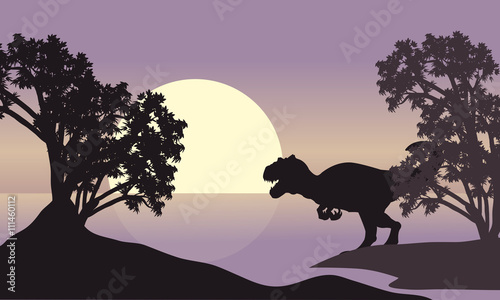 allosaurus in riverbank scenery silhouette