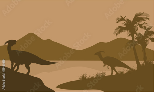 Canvas Print Silhouette of parasaurolophus in lake