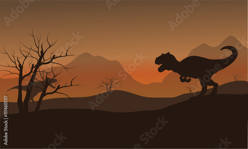 Silhouette of allosaurus in hills at afternoon