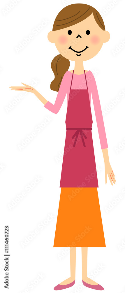 説明するエプロンの女性 説明するエプロンの女性