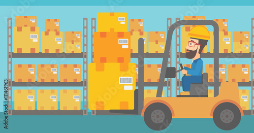 Warehouse worker moving load by forklift truck.