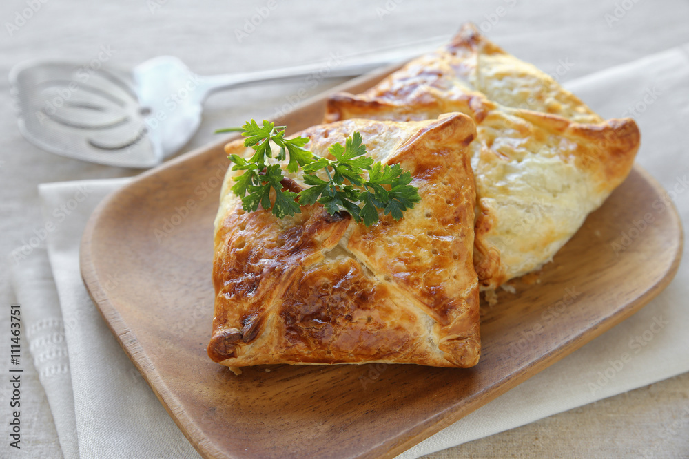 Homemade chicken puff pie, selective focus