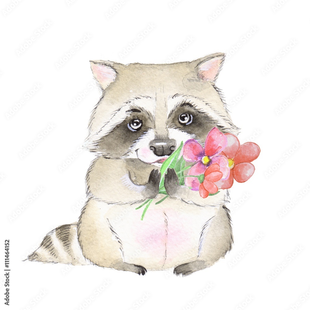 Raccoon and flowers