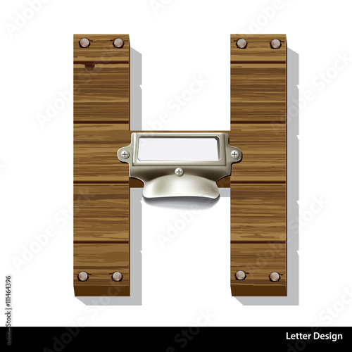 Vector wooden letter H with blank, white label in an old brass l