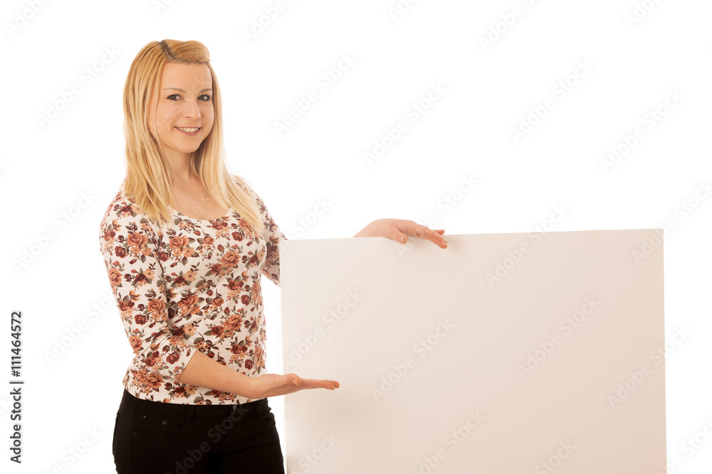 Cute blond woman with blank white banner isolated over white bac Cute blond woman with blank white banner isolated over white bac