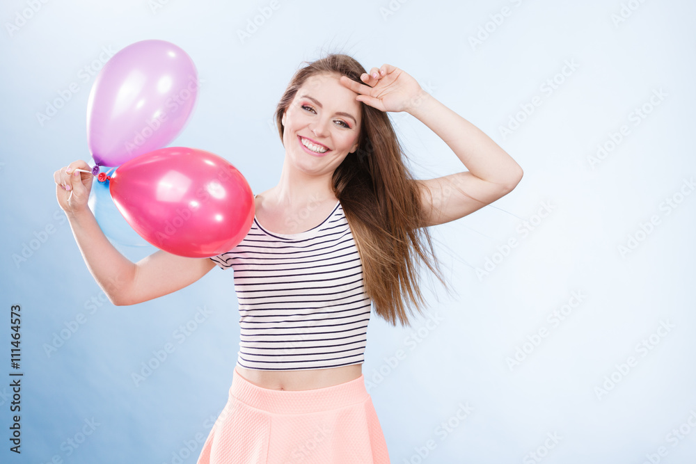 Woman summer joyful girl with colorful balloons Woman summer joyful girl with colorful balloons