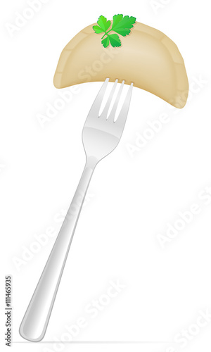 dumplings vareniki of dough with a filling and greens on fork ve