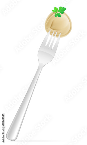 dumplings pelmeni of dough with a filling and greens on fork vec