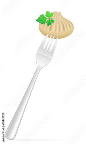 dumplings khinkali of dough with a filling and greens on fork ve