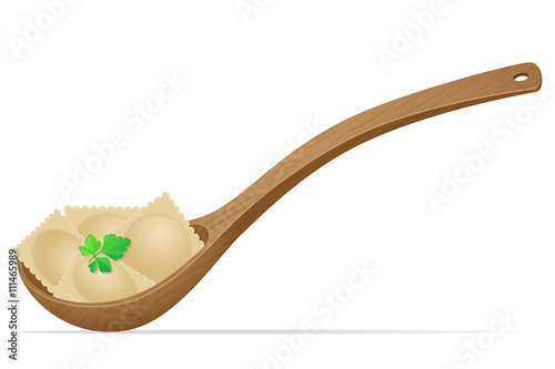dumplings ravioli of dough with a filling and greens in the spoo