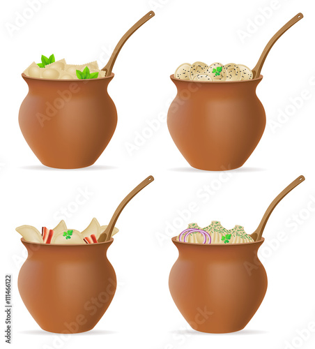 dumplings of dough with a filling and greens in clay pot set ico