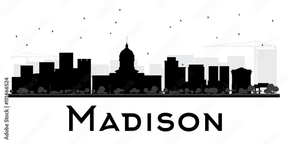 Madison City skyline black and white silhouette.