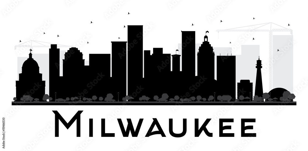 Milwaukee City skyline black and white silhouette.