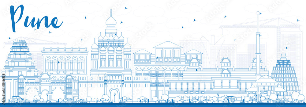 Outline Pune Skyline with Blue Buildings.