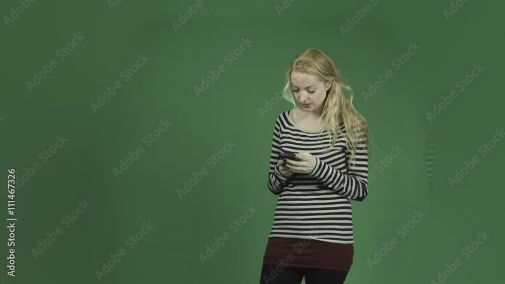 caucasian woman isolated on chroma green screen background cell phone upset emails caucasian woman isolated on chroma green screen background cell phone upset emails