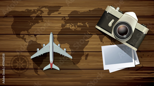 Vector plane model with vintage camera and world map pettern on