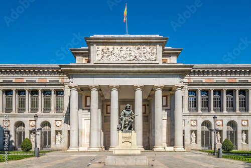 Entrance to Prado museum with Velazquez statue of Madrid
