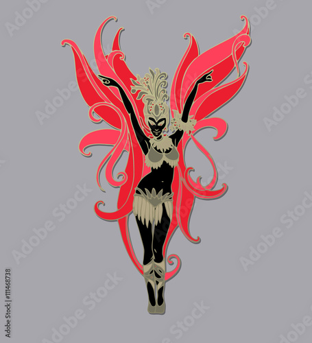 Carnival dancer isolated. Vector Illustration of red wings and black carnival silhouette. Decorative cspurts of flame and carnival costume or las vegas showgirl. Actress of the corps de ballet Design  photo