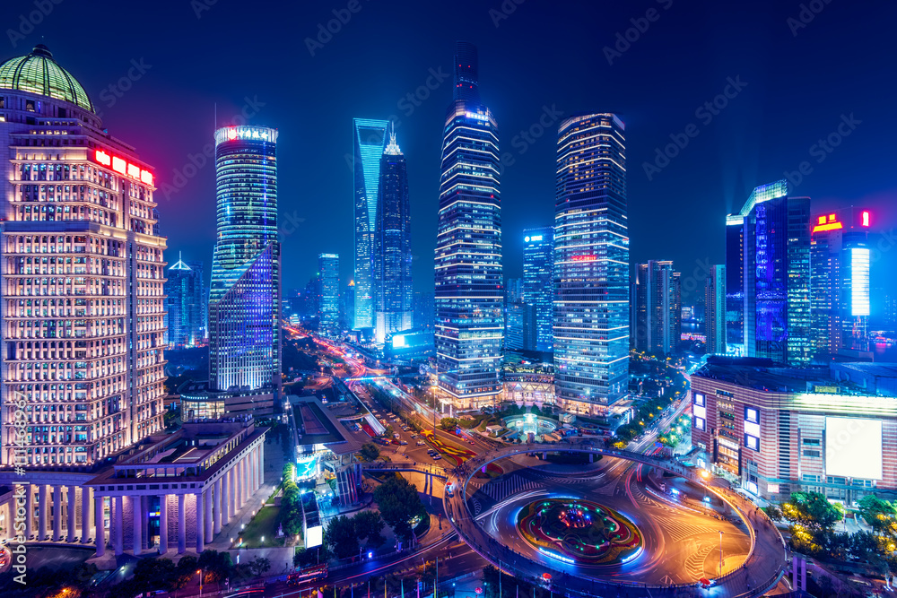 Fototapeta premium Night view of Lujiazui. Since the early 1990s, Lujiazui has been developed specifically as a new financial district of Shanghai.