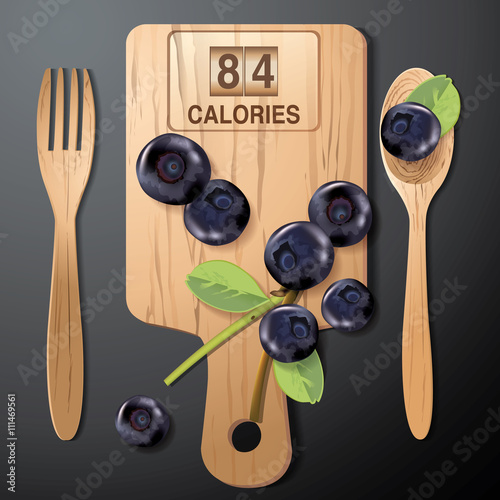Vector of Calories in blueberries on wood board with wood spoon